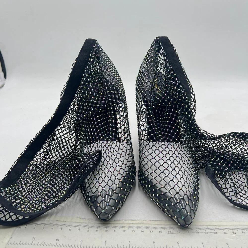 FSJ Black Diamante Fish Net Sexy High Heel Long Boots